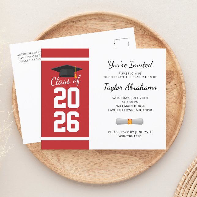 2023年白赤卒業パーティー招待状 (Graduation 2025 Script Red White Typography Party Invitation)