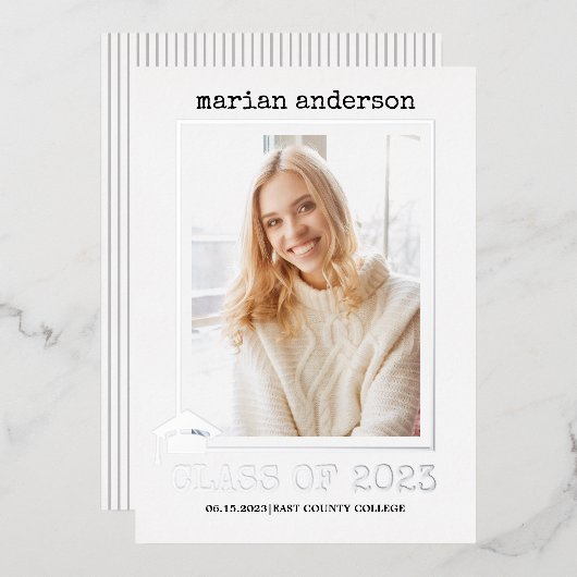 2023年銀箔のクラス卒業写真フォイル 箔招待状 (正面/裏面)