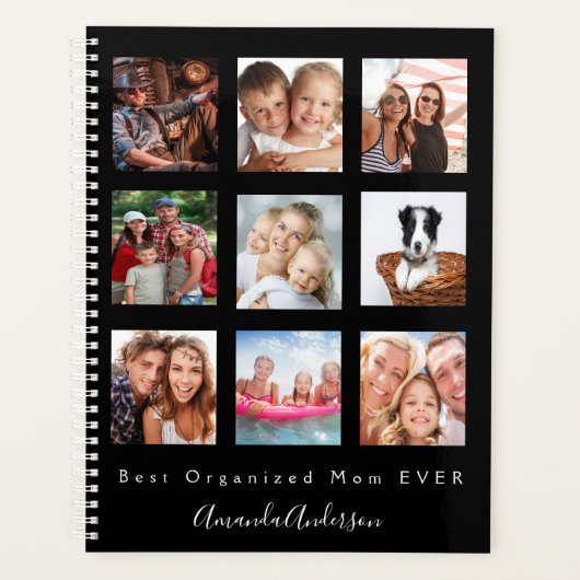 2023最高の年のオーガナイズマザー写真家族コラージュ黒 プランナー手帳 (正面)