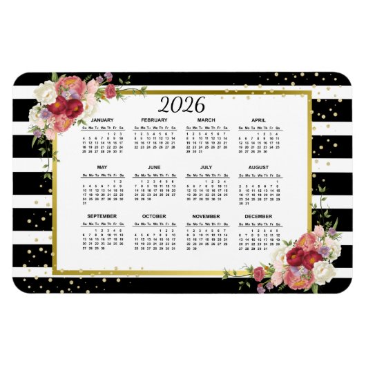 2023白黒ストライプのフローラ金ゴールドカレンダー マグネット (横)