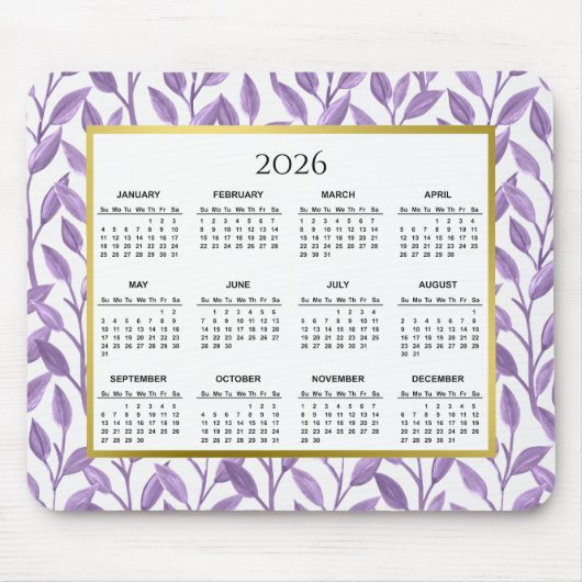2023紫および金ゴールドフローラつる植物カレンダー マウスパッド (正面)