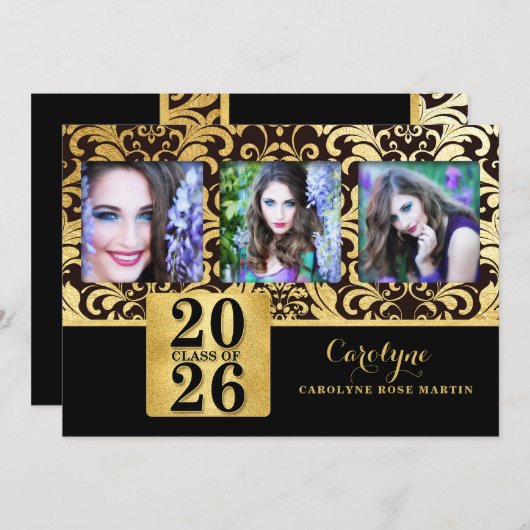 2023 偽の金と黒のエレガントな卒業写真 招待状 (正面/裏面)