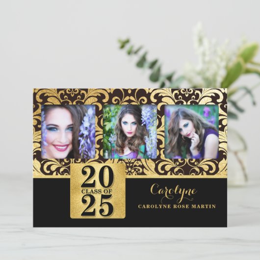 2023 偽の金と黒のエレガントな卒業写真 招待状 (スタンド正面)