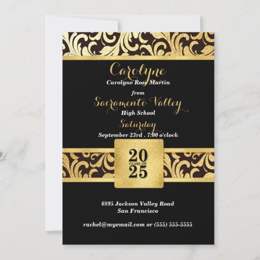 2023 偽の金と黒のエレガントな卒業写真 招待状 (裏面)