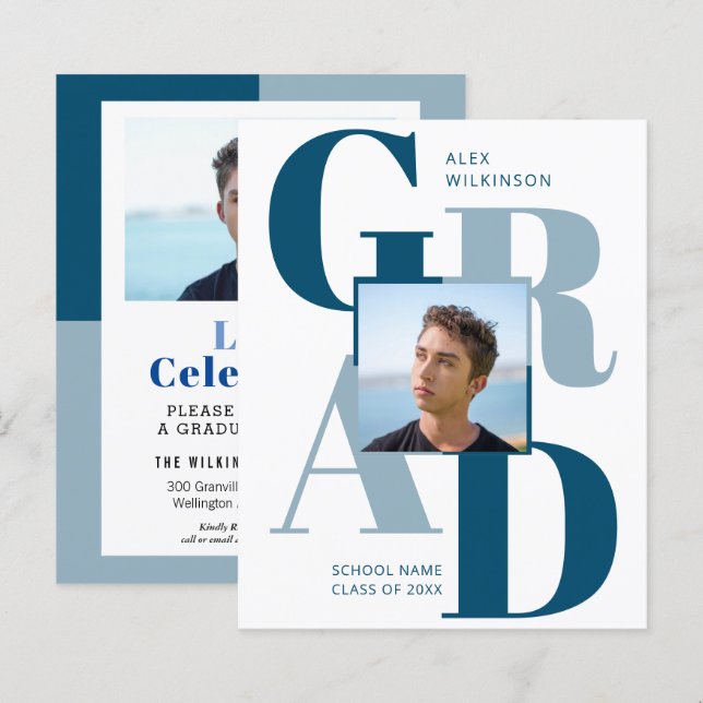 2023 BUDGET モダン Blue Script 2フォト招待状 (正面/裏面)