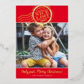 2023 CHRISTMAS PHOTO cute kids Nice List stamp red 箔シーズンカード (正面)
