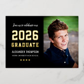 2023 Graduate Black Gold Graduation Party Photo 箔招待状 (正面)