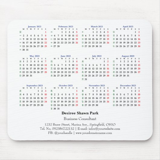 2023 Mini Calendar Monday ISO Week White マウスパッド (正面)