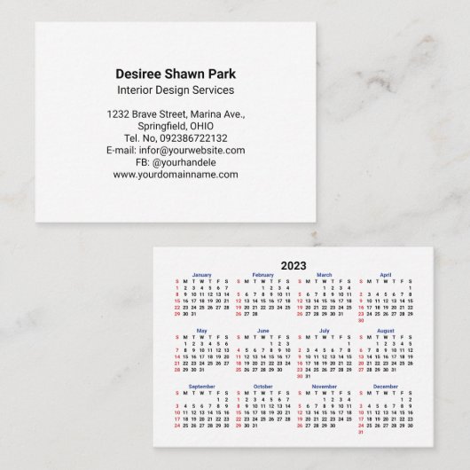 2023 Mini Calendar SUNDAY Start San Serifフォント 名刺 (正面/裏面)