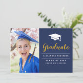 2023 Navy Blue金ゴールド写真卒業のお知らせ 招待状 (スタンド正面)