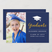 2023 Navy Blue金ゴールド写真卒業のお知らせ 招待状 (正面/裏面)