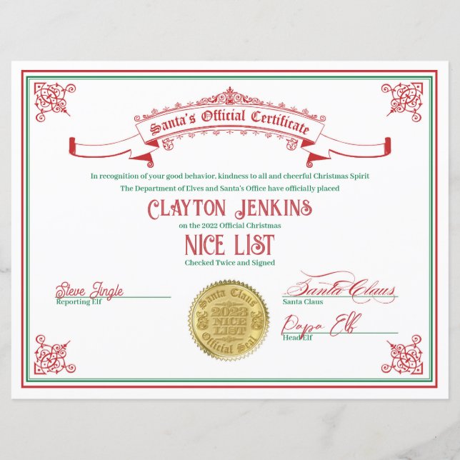 2023 Santa Niceリスト証明書 (正面)