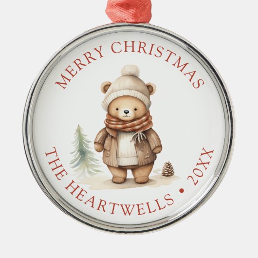 2024かわいいパーソナライズされたクマのメリークリスマス メタルオーナメント (正面)