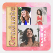 2024はっきりした年金ゴールドピンクオレンジ数々の写真卒業 スクエアシール (正面)