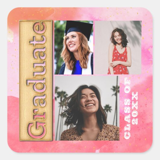 2024はっきりした年金ゴールドピンクオレンジ数々の写真卒業 スクエアシール (正面)