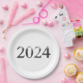 2024エレガント年フェイクにシルバーナンバーズハッピーニューイヤー ペーパープレート (パーティー)