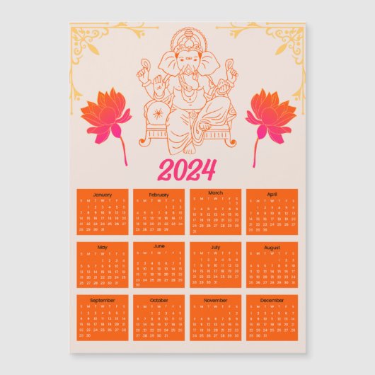 2024オレンジカレンダー – Lord Ganpati Magnetic Card (正面)