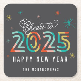 2024カラフル年応援スターバスト新年おめでとう スクエアペーパーコースター