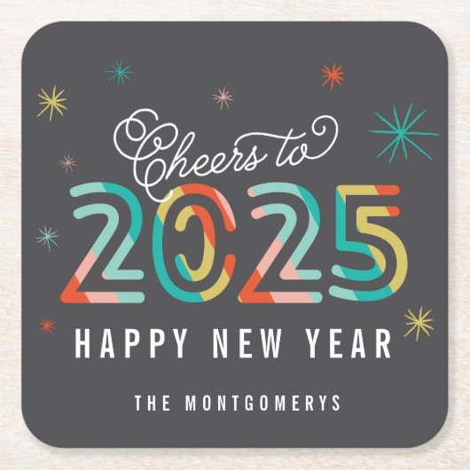 2024カラフル年応援スターバスト新年おめでとう スクエアペーパーコースター (正面)