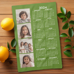2024カレンダーと4枚のフォトコラージュ – 緑 キッチンタオル