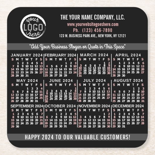 2024カレンダーカスタムビジネスロゴ名ブラック簡単 スクエアペーパーコースター (正面)