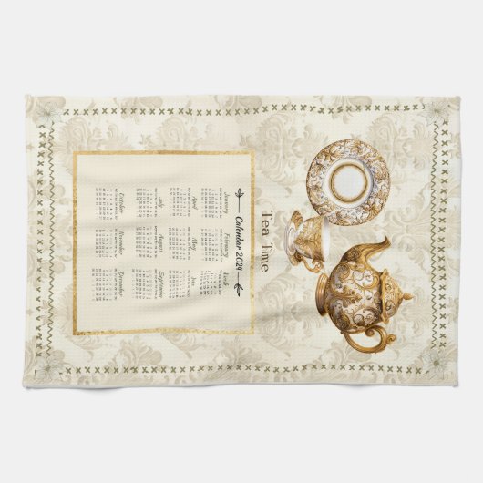 2024カレンダータオル茶の時間またはカスタムメッセージ キッチンタオル (横)