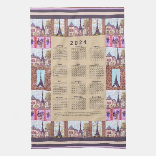 2024カレンダーパリエッフェルタワーポインティリスムアート キッチンタオル (縦)