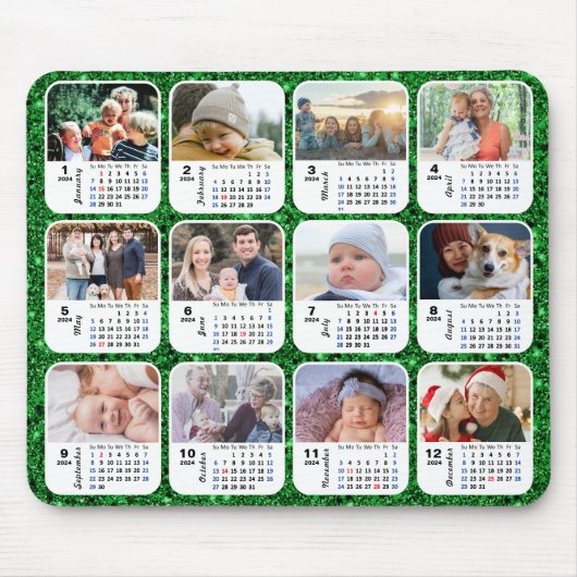 2024カレンダー緑のグリッターファミリーフォトコラージュ マウスパッド (正面)