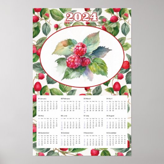 2024カレンダー ヴィンテージ ラズベリー 水彩画 ポスター (正面)
