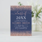 2024ネイビーブルー卒業ピンクローズ金ゴールドグリッター 招待状 (スタンド正面)