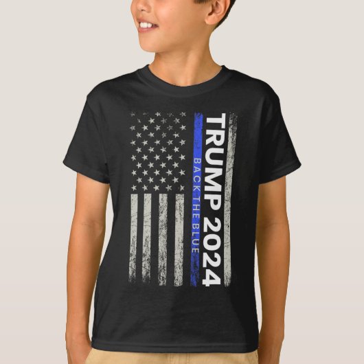 2024バック青い薄い青いライン警察アメリカ人 Tシャツ (正面)