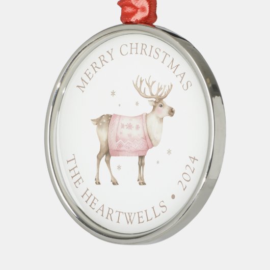 2024ピンクパーソナライズされたトナカイのメリークリスマス メタルオーナメント (左)