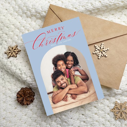 2024ファミリーフォトカードクリスマスアーチフレームブルー 案内状