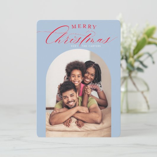2024ファミリーフォトカードクリスマスアーチフレームブルー 案内状 (スタンド正面)