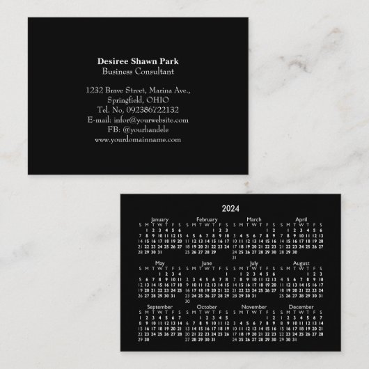 2024ミニポケットカレンダー日曜日スタートブラック 名刺 (正面/裏面)