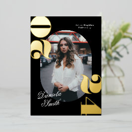 2024モダン年はっきりしたタイポグラフィクラス卒業 箔招待状