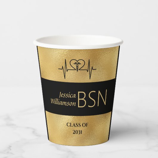 2024卒業ナースBSN名Yearブラック金ゴールド 紙コップ (正面)