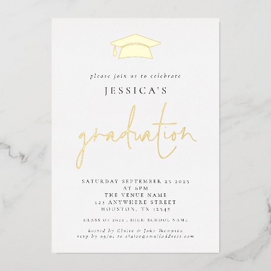2024卒業フォトモルタルボードキャップラグジュアリー実在 箔招待状 (正面)