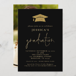 2024卒業写真金ゴールドグリッターグラッドキャップブラック 招待状