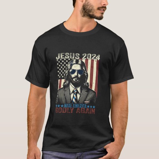 2024年おもしろいの選挙でアメリカを再び神に迎える Tシャツ (正面)