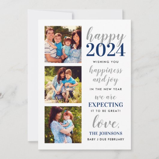 2024年に期待される新年の海軍とシルバーの幸せ シーズンカード (正面)