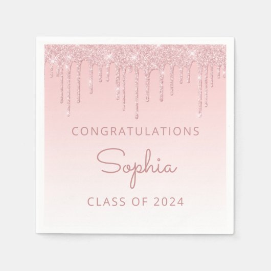 2024年のクラスのピンクグリッタードリップ卒業 スタンダードカクテルナプキン (正面)