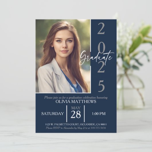2024年のクラスNavy Blue写真カスタム卒業 招待状 (スタンド正面)