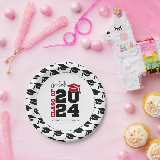 2024年の卒業クラス赤と黒 ペーパープレート (パーティー)