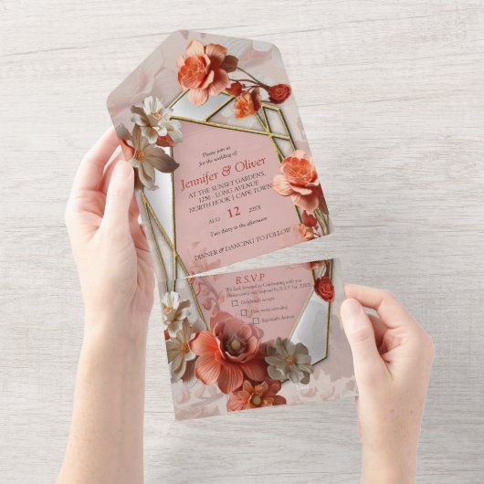 2024年の柔らかいピンクがかったオレンジ色の色相ピーチファズ オールインワン招待状 (貼ってはがせる)