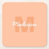 2024年の桃の色とカスタムモノグラム名 スクエアペーパーコースター (正面)