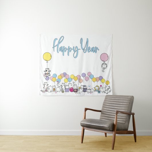 2024年の猫との遊お正月 タペストリー (インサイチュ(横))