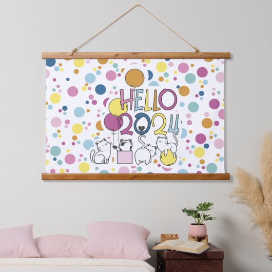 2024年の猫との遊お正月 吊り下げ型タペストリー (寝室)