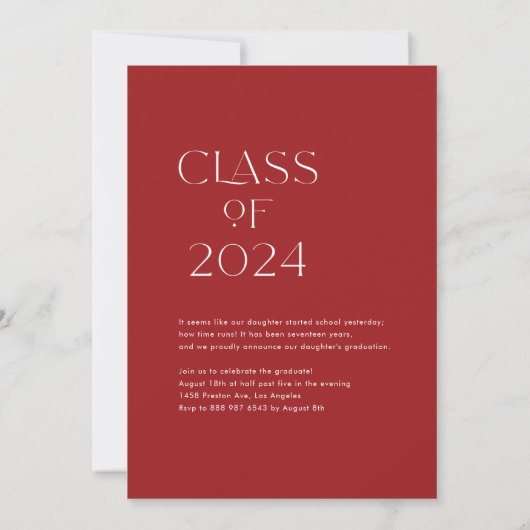 2024年のRed Minimalist Class写真卒業 案内状 (裏面)