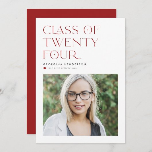 2024年のRed Minimalist Class写真卒業 案内状 (正面/裏面)